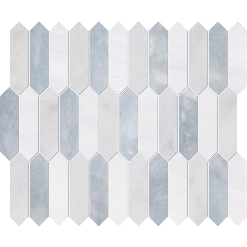 avalon allure light marble baby picket shape natural stone waterjet mosaic sheet honed finish 11 by 13 and 3 of 16 by 3 of 8 straight edge for interior and exterior applications in shower kitchen bathroom backsplash floor and wall produced by marble systems and distributed by surface group international