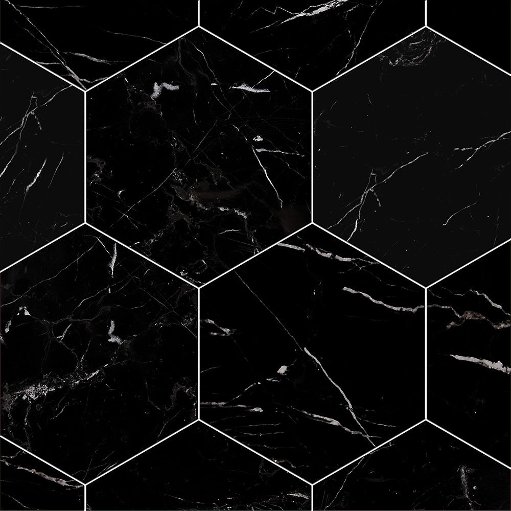 black marble natural stone field tile hexagon shape honed finish 8 by side diameterx3 of 8 straight edge for interior and exterior applications in shower kitchen bathroom backsplash floor and wall produced by marble systems and distributed by surface group international