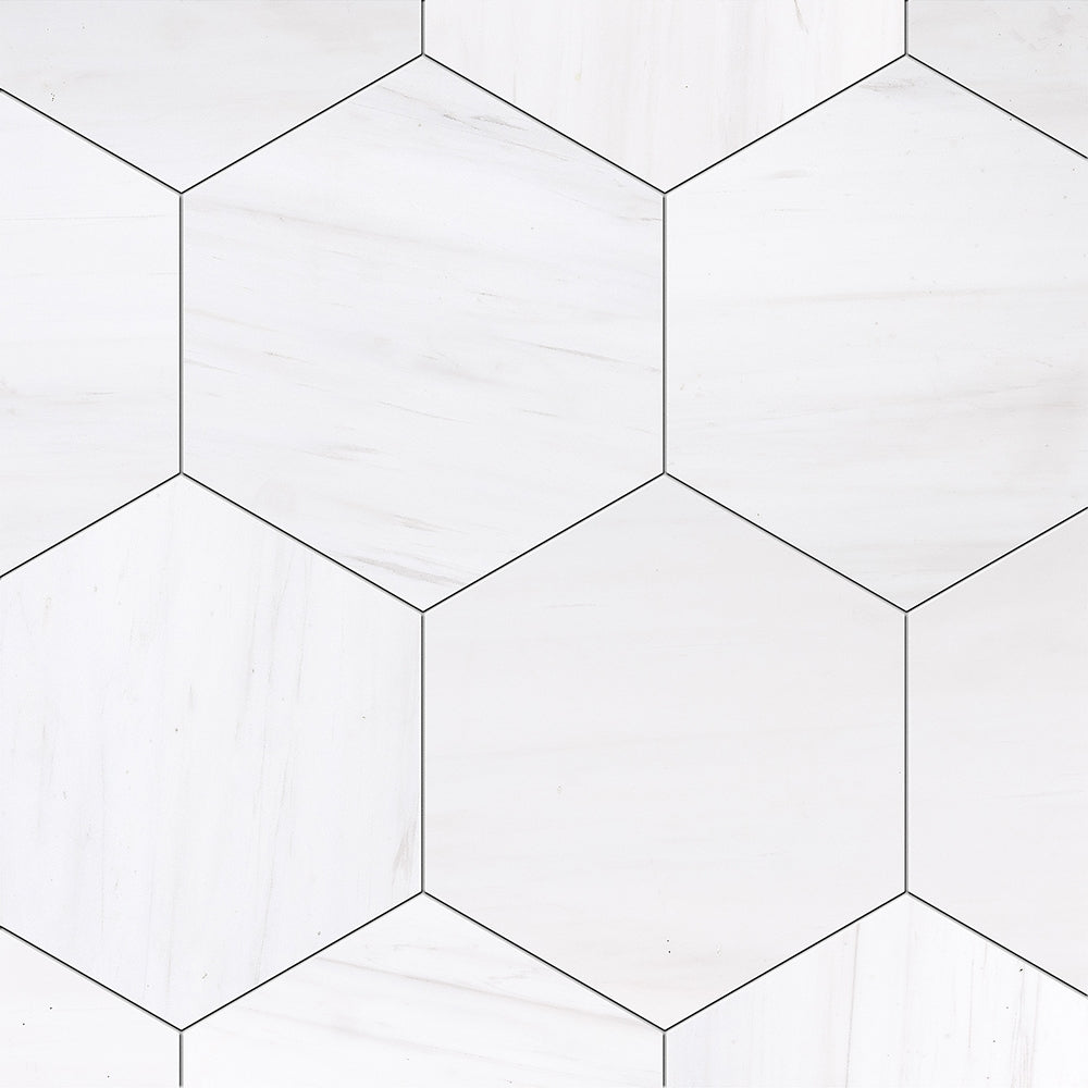 snow white marble natural stone field tile hexagon shape honed finish 8 by side diameterx3 of 8 straight edge for interior and exterior applications in shower kitchen bathroom backsplash floor and wall produced by marble systems and distributed by surface group international