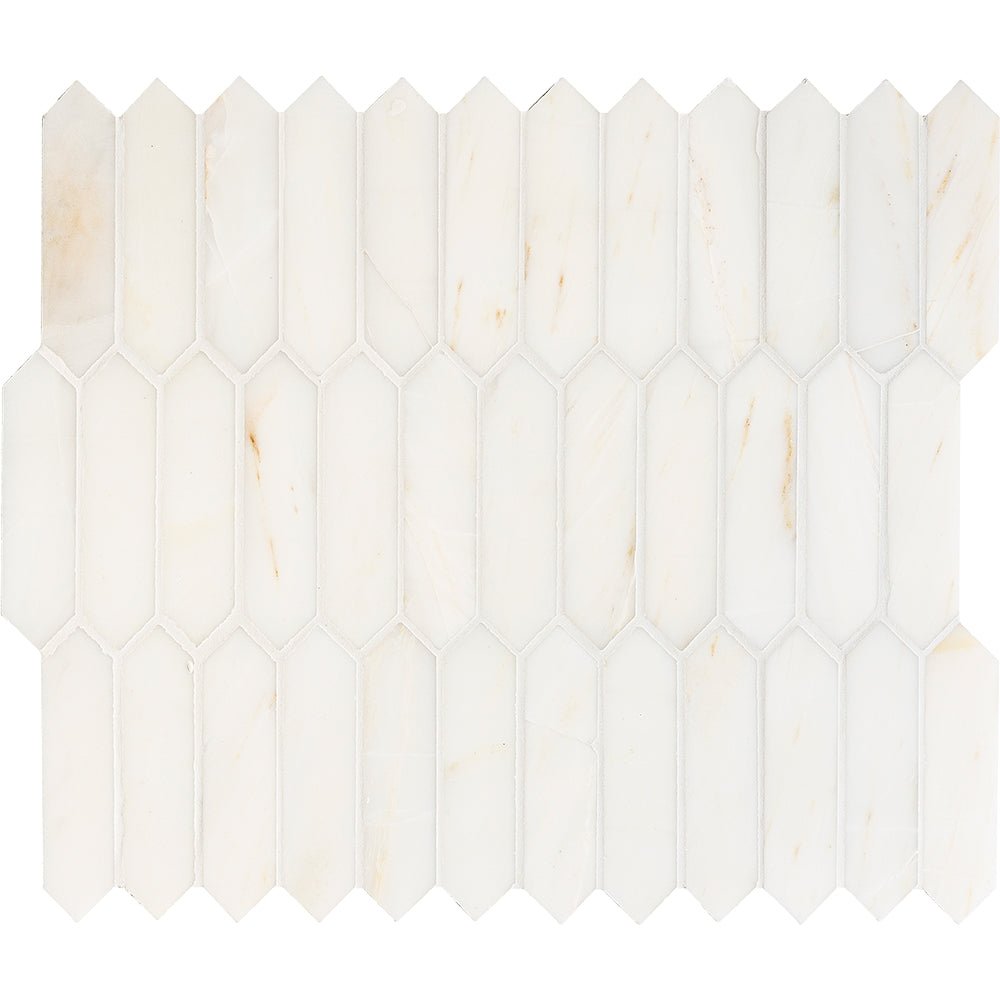 calacatta amber marble baby picket shape natural stone mosaic sheet honed finish 13 and 3 of 16 by 11 by 3 of 8 straight edge for interior and exterior applications in shower kitchen bathroom backsplash floor and wall produced by marble systems and distributed by surface group international