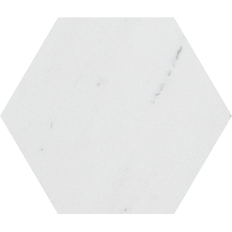 aspen white marble natural stone waterjet tile hexagon shape polished finish 5 by side diameterx3 of 8 straight edge for interior and exterior applications in shower kitchen bathroom backsplash floor and wall produced by marble systems and distributed by surface group international