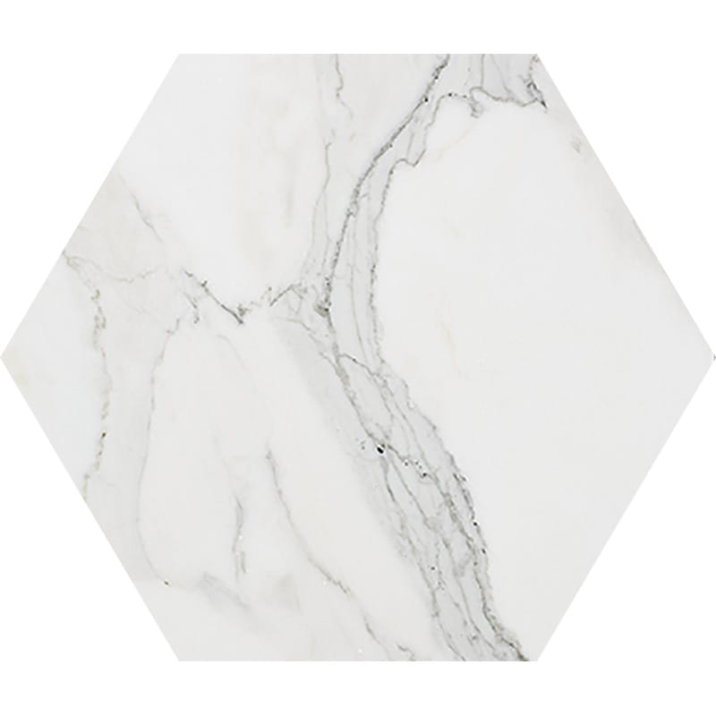 calacatta gold marble natural stone waterjet tile hexagon shape honed finish 5 by side diameterx3 of 8 straight edge for interior and exterior applications in shower kitchen bathroom backsplash floor and wall produced by marble systems and distributed by surface group international