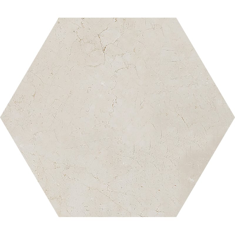 crema marfil marble natural stone waterjet tile hexagon shape polished finish 5 by side diameterx3 of 8 straight edge for interior and exterior applications in shower kitchen bathroom backsplash floor and wall produced by marble systems and distributed by surface group international