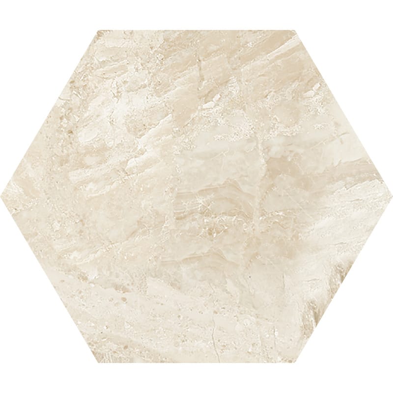 diana royal marble natural stone waterjet tile hexagon shape polished finish 5 by side diameterx3 of 8 straight edge for interior and exterior applications in shower kitchen bathroom backsplash floor and wall produced by marble systems and distributed by surface group international