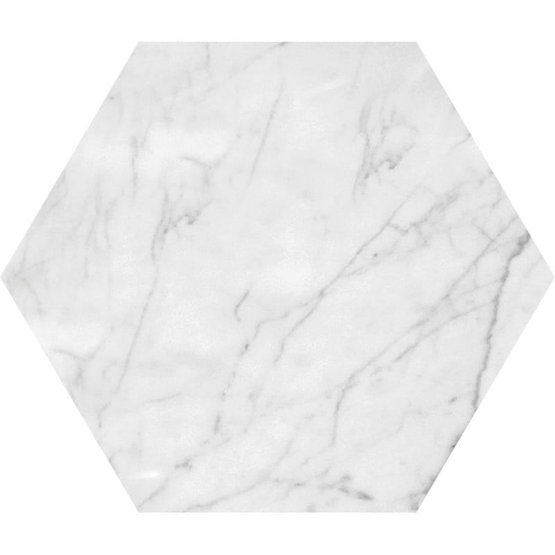 white carrara marble natural stone waterjet tile hexagon shape honed finish 5 by side diameterx3 of 8 straight edge for interior and exterior applications in shower kitchen bathroom backsplash floor and wall produced by marble systems and distributed by surface group international