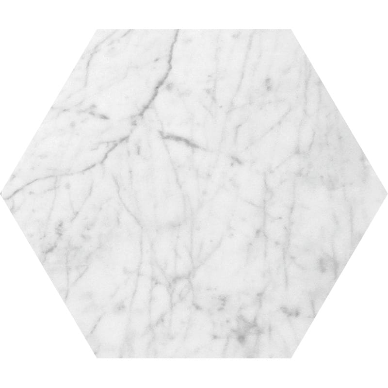 white carrara marble natural stone waterjet tile hexagon shape polished finish 5 by side diameterx3 of 8 straight edge for interior and exterior applications in shower kitchen bathroom backsplash floor and wall produced by marble systems and distributed by surface group international