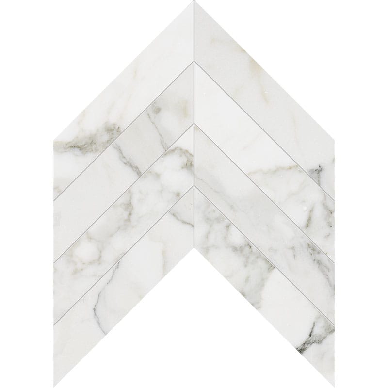 calacatta gold marble chevron shape natural stone waterjet mosaic sheet polished finish 13 by 10 by 3 of 8 straight edge for interior and exterior applications in shower kitchen bathroom backsplash floor and wall produced by marble systems and distributed by surface group international