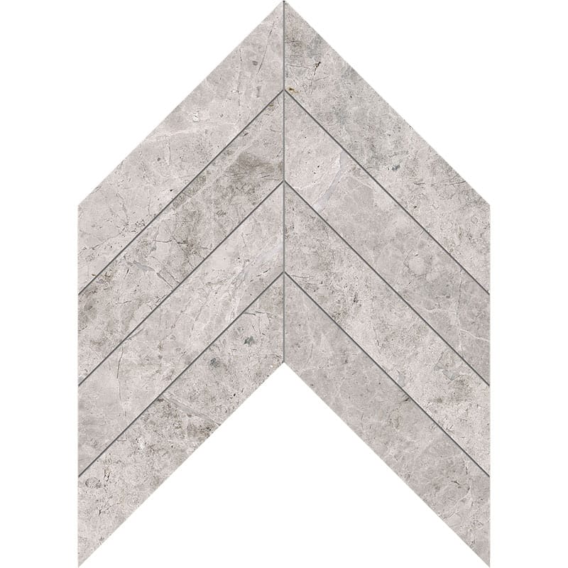 silver clouds marble chevron shape natural stone waterjet mosaic sheet polished finish 13 by 10 by 3 of 8 straight edge for interior and exterior applications in shower kitchen bathroom backsplash floor and wall produced by marble systems and distributed by surface group international