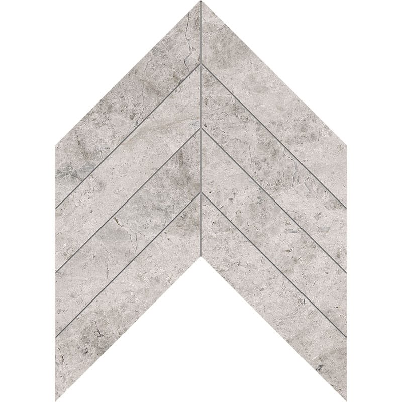 silver shadow marble chevron shape natural stone waterjet mosaic sheet honed finish 13 by 10 by 3 of 8 straight edge for interior and exterior applications in shower kitchen bathroom backsplash floor and wall produced by marble systems and distributed by surface group international