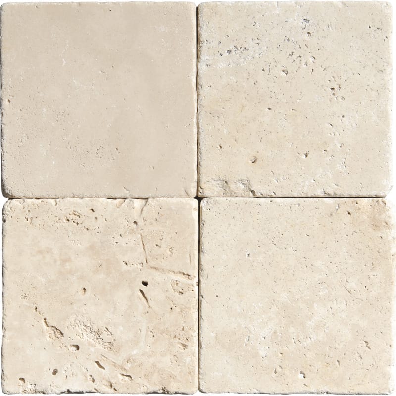 ivory travertine natural stone field tile square shape tumbled finish 4 by 4 by 3 of 8 tumbled finish for interior and exterior applications in shower kitchen bathroom backsplash floor and wall produced by marble systems and distributed by surface group international