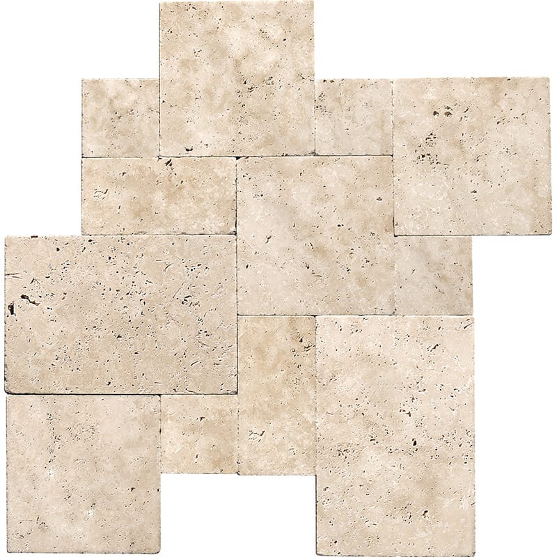 ivory travertine natural stone pattern paver versailles rectangle shape tumbled finish randomxrandomx1 and 1 of 4 tumbled finish for interior and exterior applications in shower kitchen bathroom backsplash floor and wall produced by marble systems and distributed by surface group international