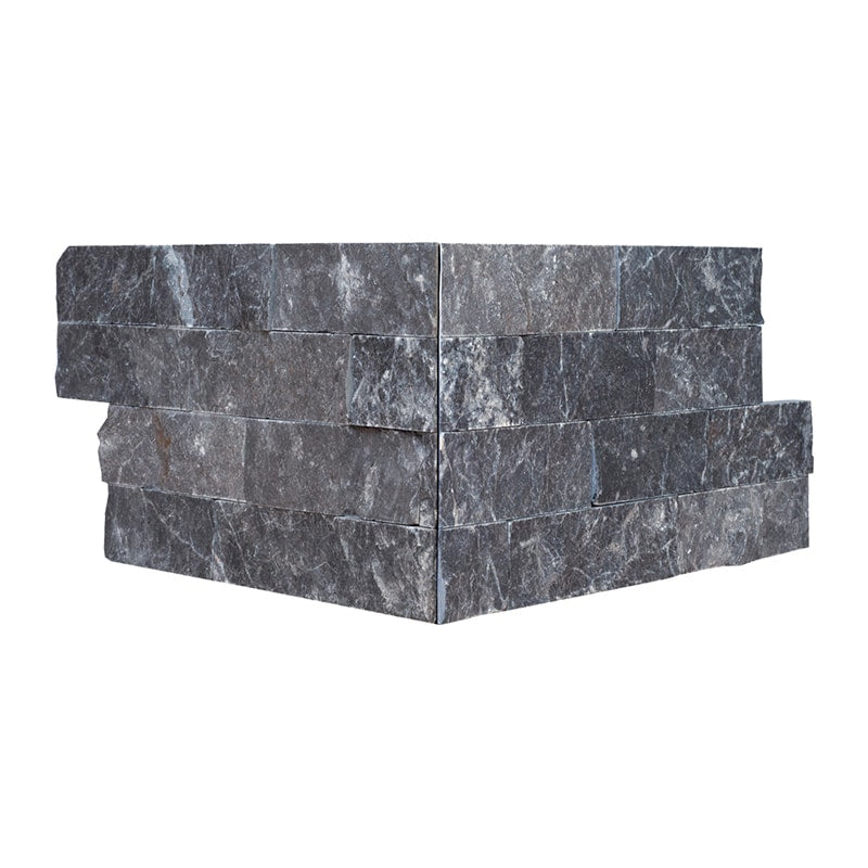black marble natural stone wall panel ledger corner rectangle shape split face 6 by 12 by 5 of 8 straight edge for interior and exterior applications in shower kitchen bathroom backsplash floor and wall produced by marble systems and distributed by surface group international