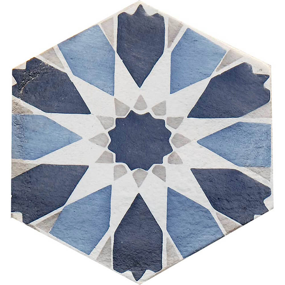 Hand Crafted Terracotta Deco Tile, hexagon shape, blue, white, gray color painted pattern