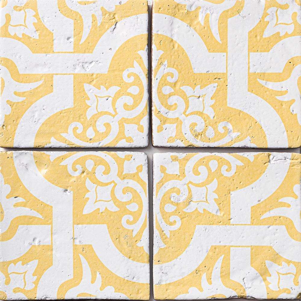 antigua 1 antique glazed terracotta deco tile size six by six sold by surface group manufactured by marble systems used for kitchen backsplashes living room accent walls and bathroom walls