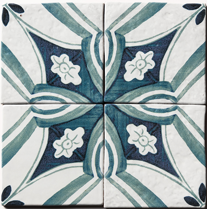 antigua 3 antique glazed terracotta deco tile size six by six sold by surface group manufactured by marble systems used for kitchen backsplashes living room accent walls and bathroom walls