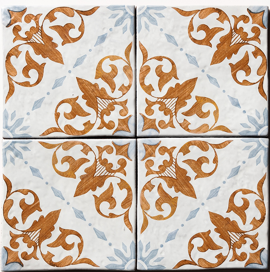 antigua 4 antique glazed terracotta deco tile size six by six sold by surface group manufactured by marble systems used for kitchen backsplashes living room accent walls and bathroom walls