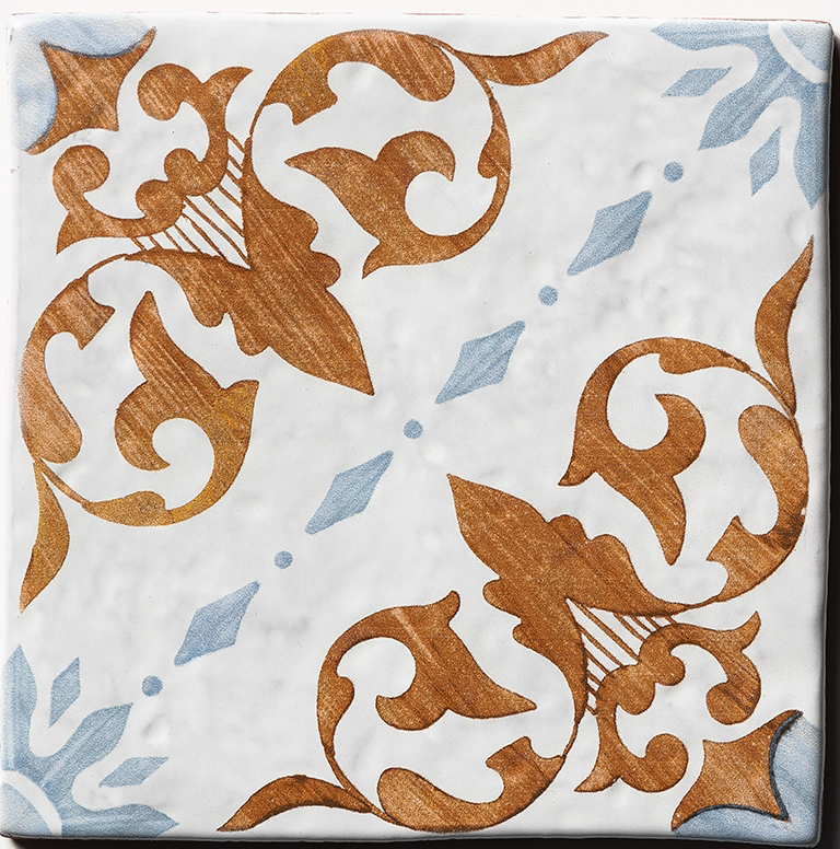 antigua 4 antique glazed terracotta deco tile size six by six sold by surface group manufactured by marble systems used for kitchen backsplashes living room accent walls and bathroom walls