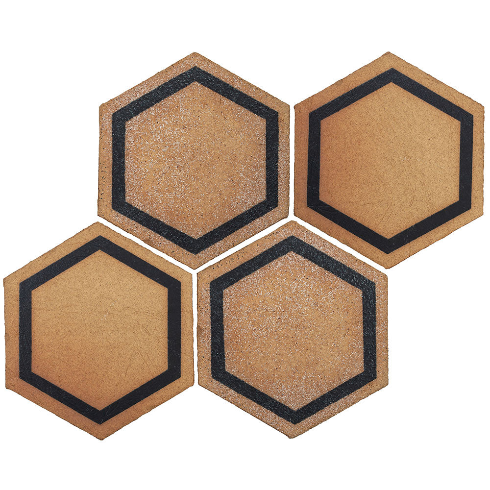 Tierra Madre 01 Blonde Black Unglazed Terracotta Deco Hexagon Tile  (8-inch)