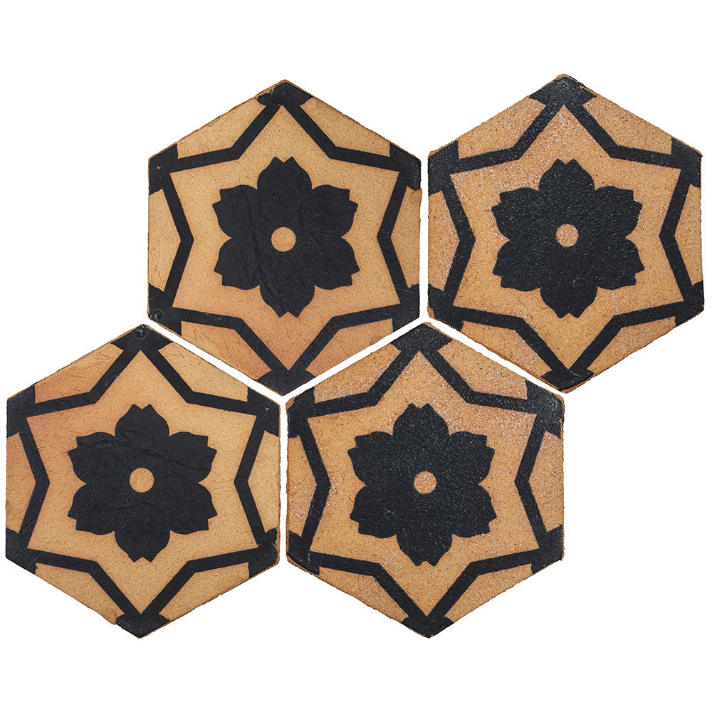 Tierra Madre 02 Blonde Black Unglazed Terracotta Deco Hexagon Tile  (8-inch)