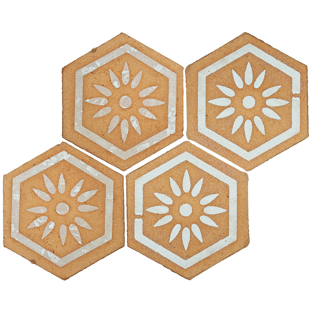 Tierra Madre 04 Blonde White Unglazed Terracotta Deco Hexagon Tile  (8-inch)