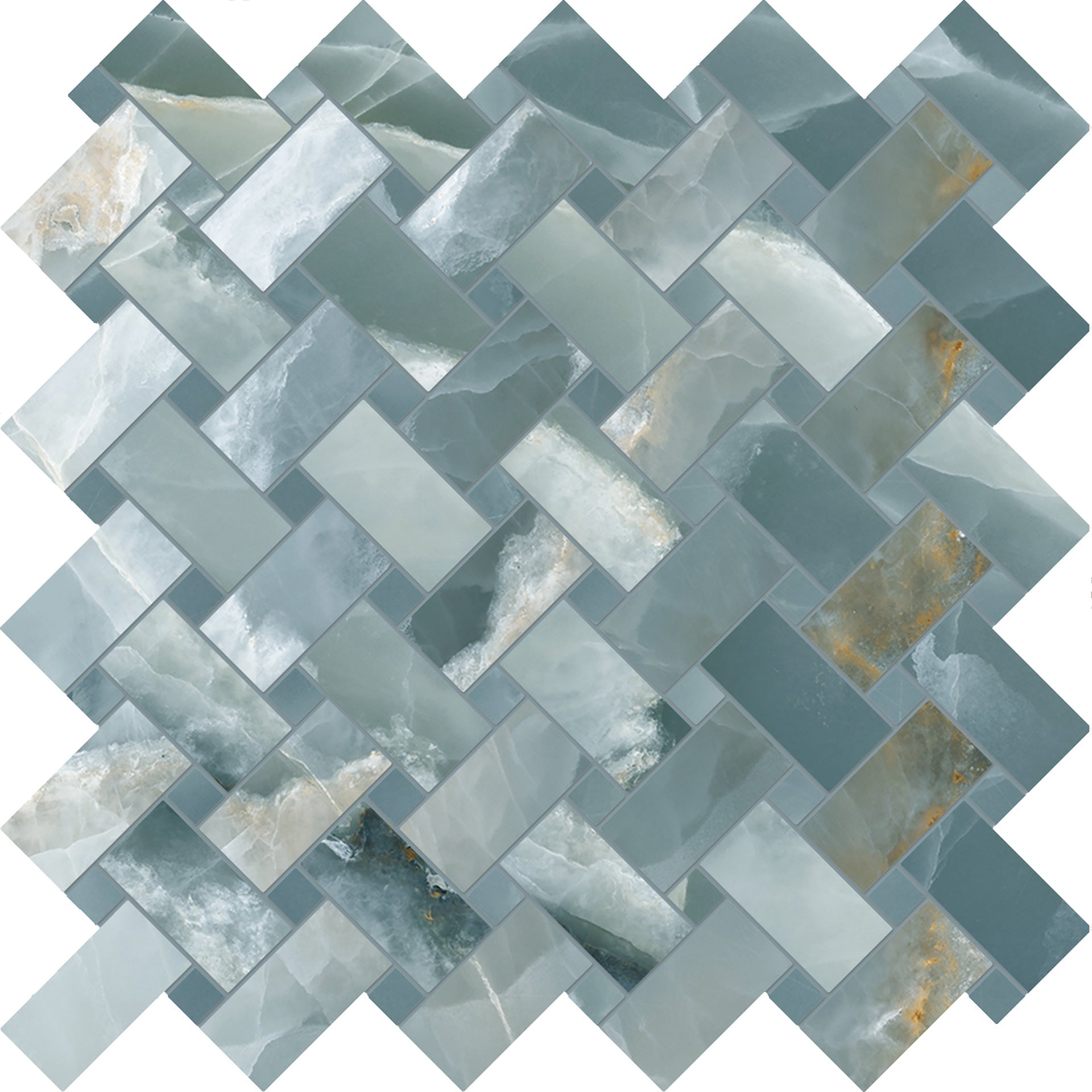 Tele Di Marmo Onyx: Onyx Green Basketweave Mosaic (12"x12"x9.5-mm | matte)