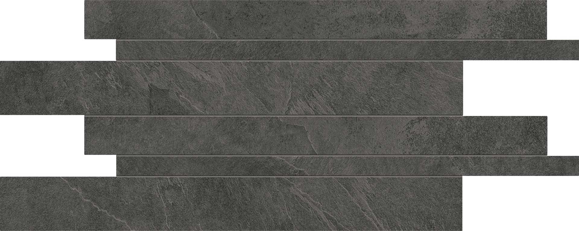 Cornerstone: Stone Slate Black Listelli Sfalsati Slides Mosaic (12"x24"x9.5-mm | matte)