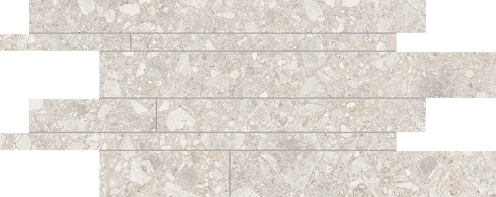 Lombarda: Stone Bianco Listelli Sfalsati Slides Mosaic (12"x24"x9.5-mm | semi glossy)