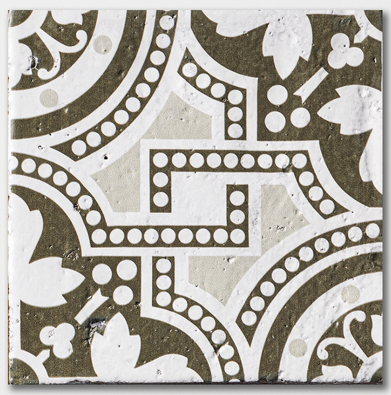 palena 4 antique glazed terracotta deco tile size six by six sold by surface group manufactured by marble systems used for kitchen backsplashes living room accent walls and bathroom walls