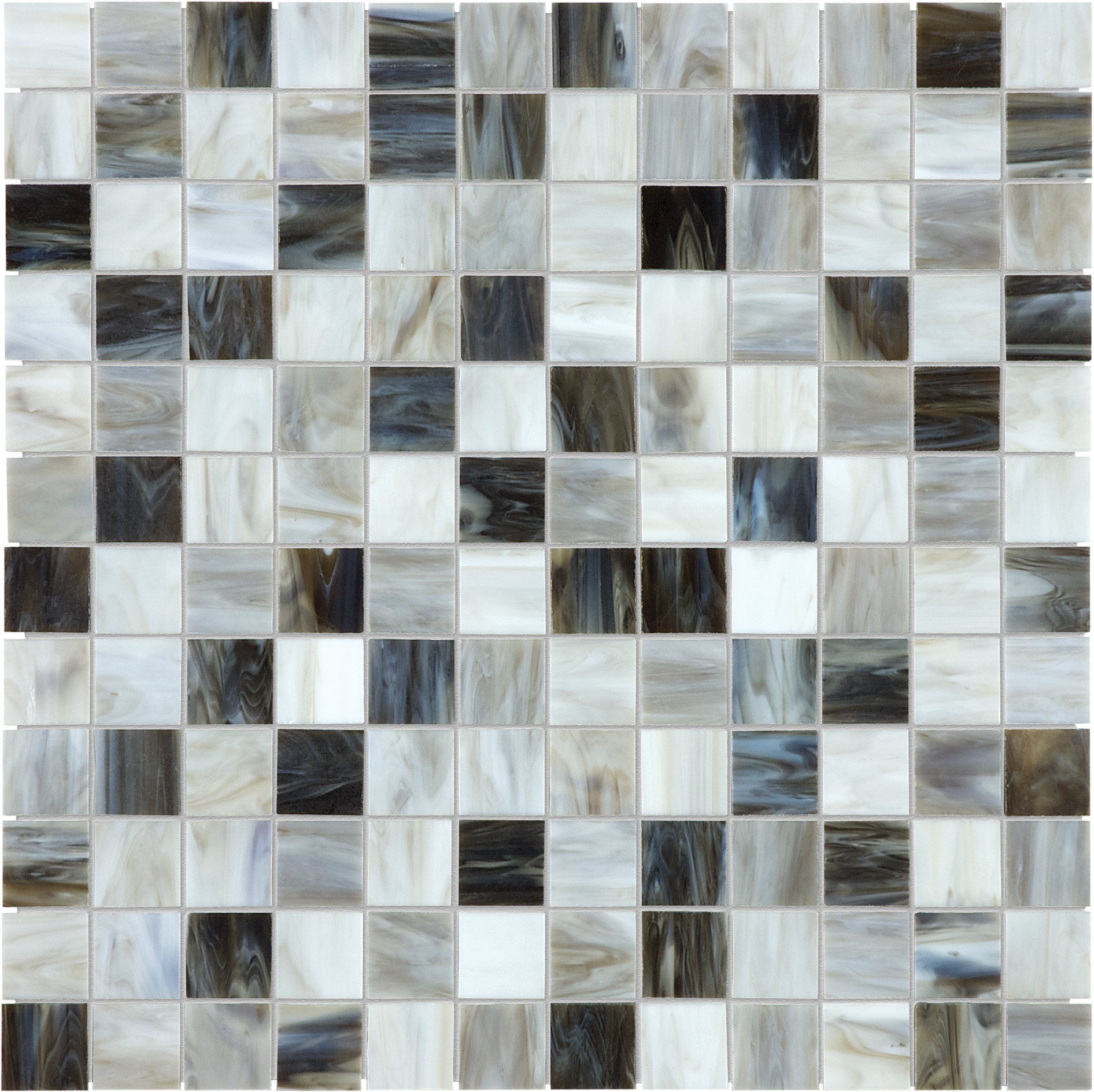 alabastro straight stack 1x1-inch pattern fused glass mosaic from baroque anatolia collection distributed by surface group international glossy finish rounded edge mesh shape