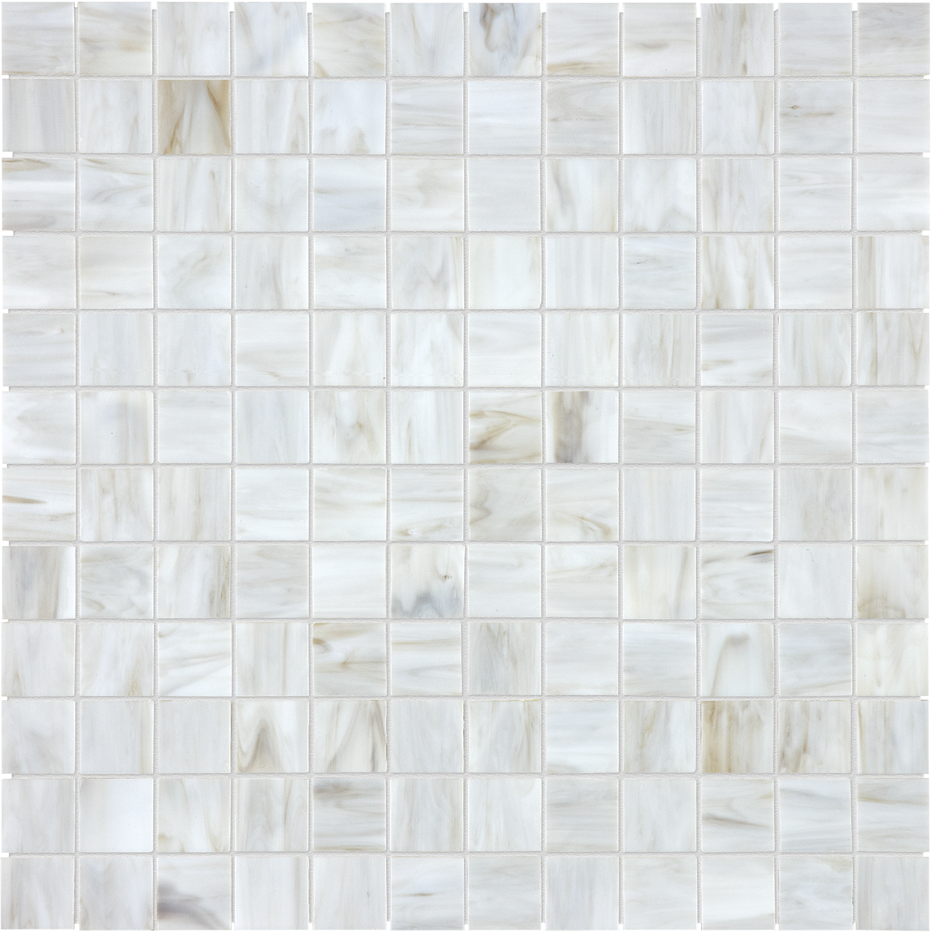 calacatta straight stack 1x1-inch pattern fused glass mosaic from baroque anatolia collection distributed by surface group international glossy finish rounded edge mesh shape