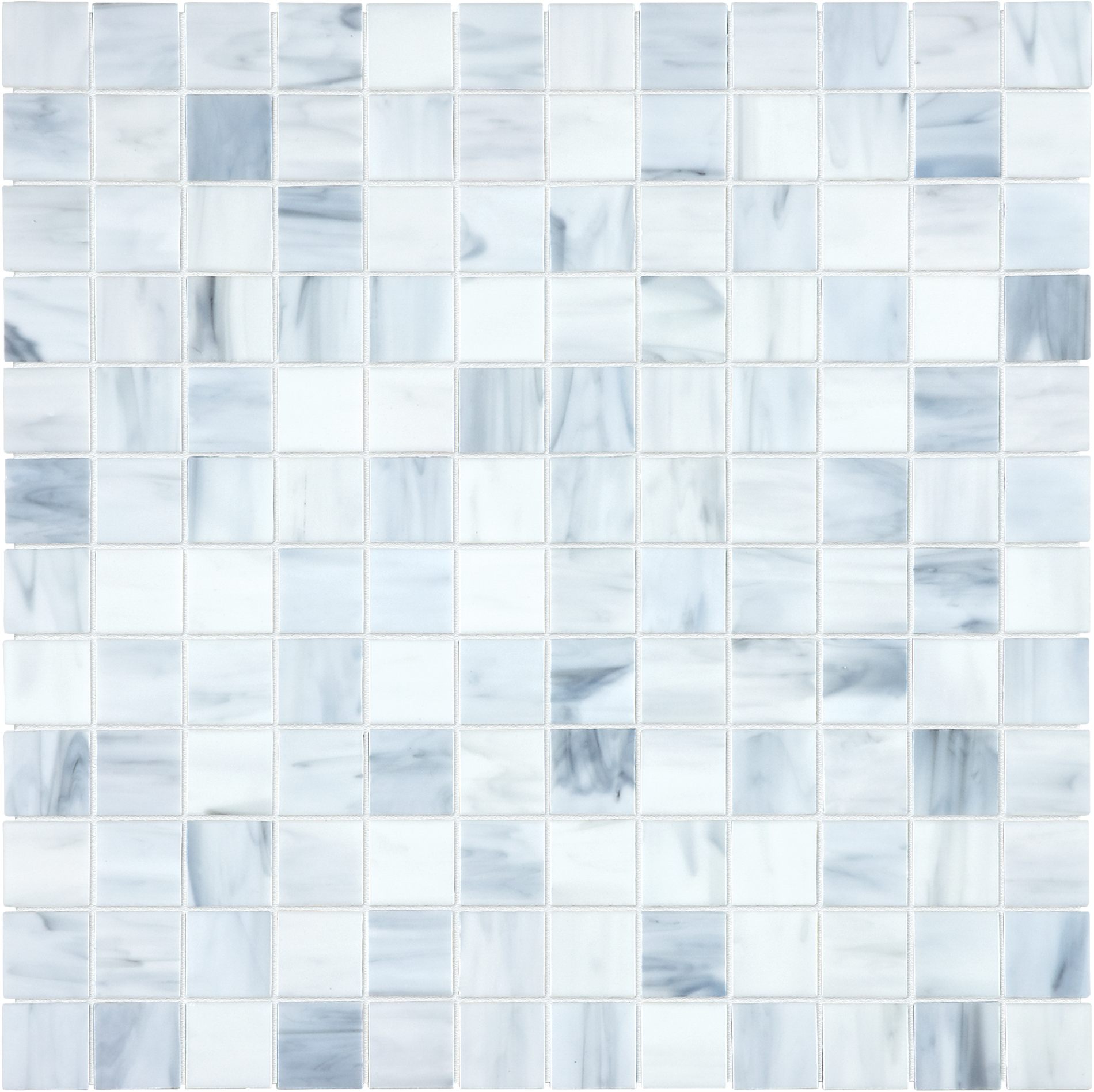 carrara straight stack 1x1-inch pattern fused glass mosaic from baroque anatolia collection distributed by surface group international glossy finish rounded edge mesh shape