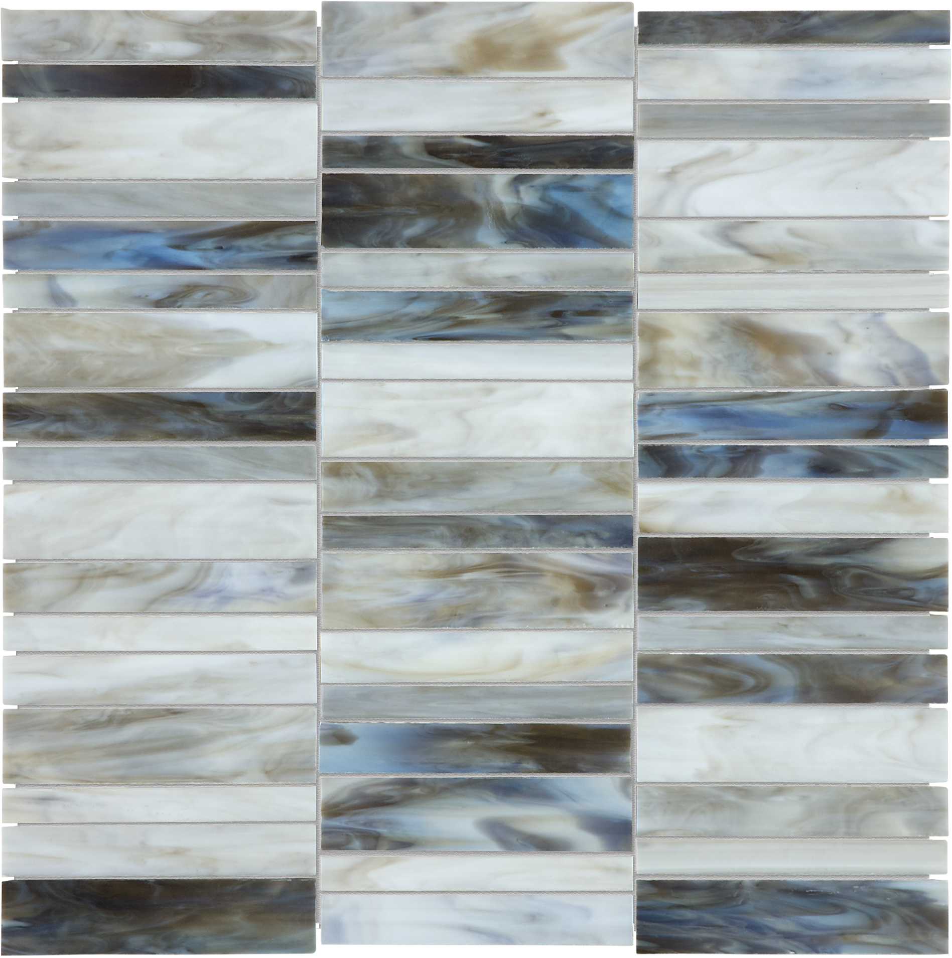 alabastro random width stack pattern fused glass mosaic from baroque anatolia collection distributed by surface group international glossy finish rounded edge mesh shape