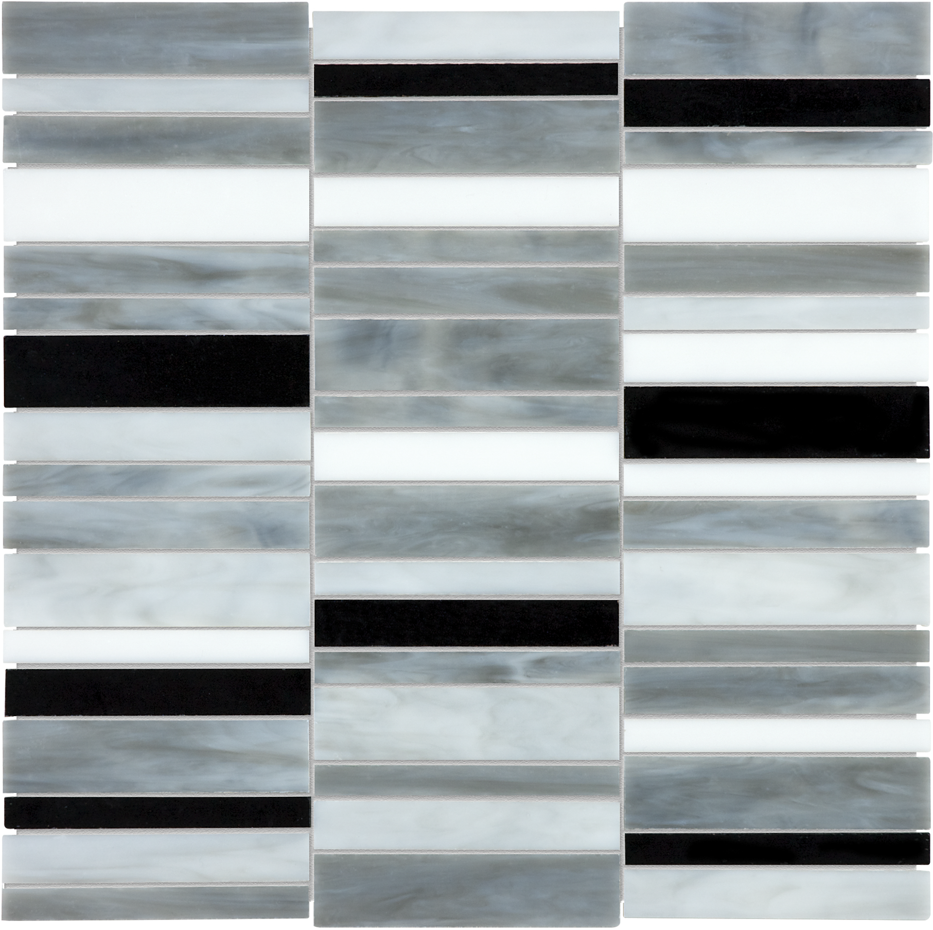 random width stack pattern fused glass mosaic from baroque anatolia collection distributed by surface group international glossy finish rounded edge mesh shape