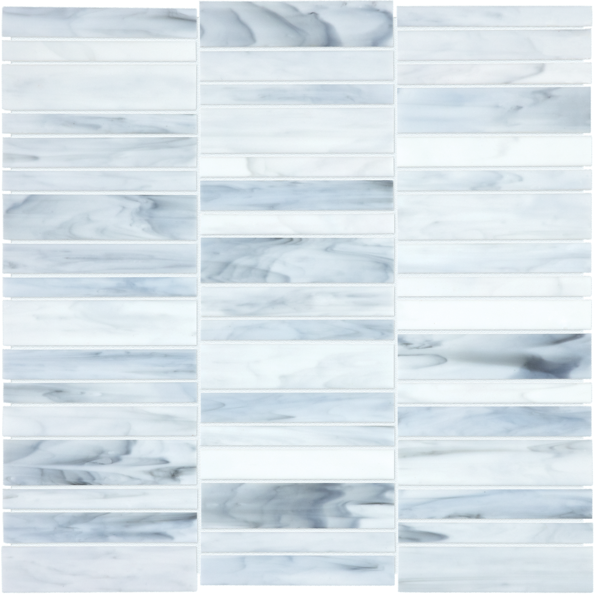 carrara random width stack pattern fused glass mosaic from baroque anatolia collection distributed by surface group international glossy finish rounded edge mesh shape
