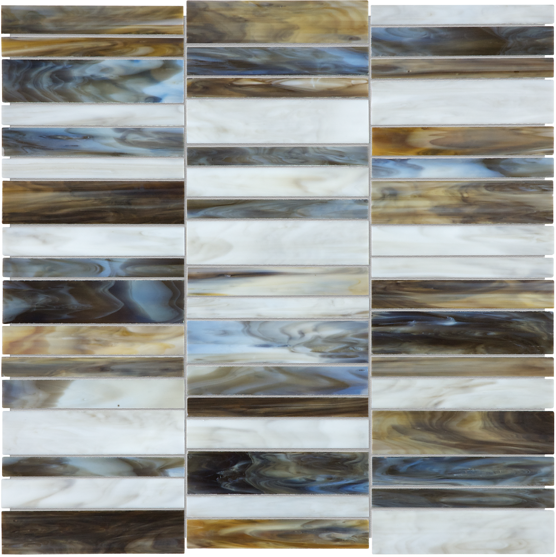 corallo random width stack pattern fused glass mosaic from baroque anatolia collection distributed by surface group international glossy finish rounded edge mesh shape
