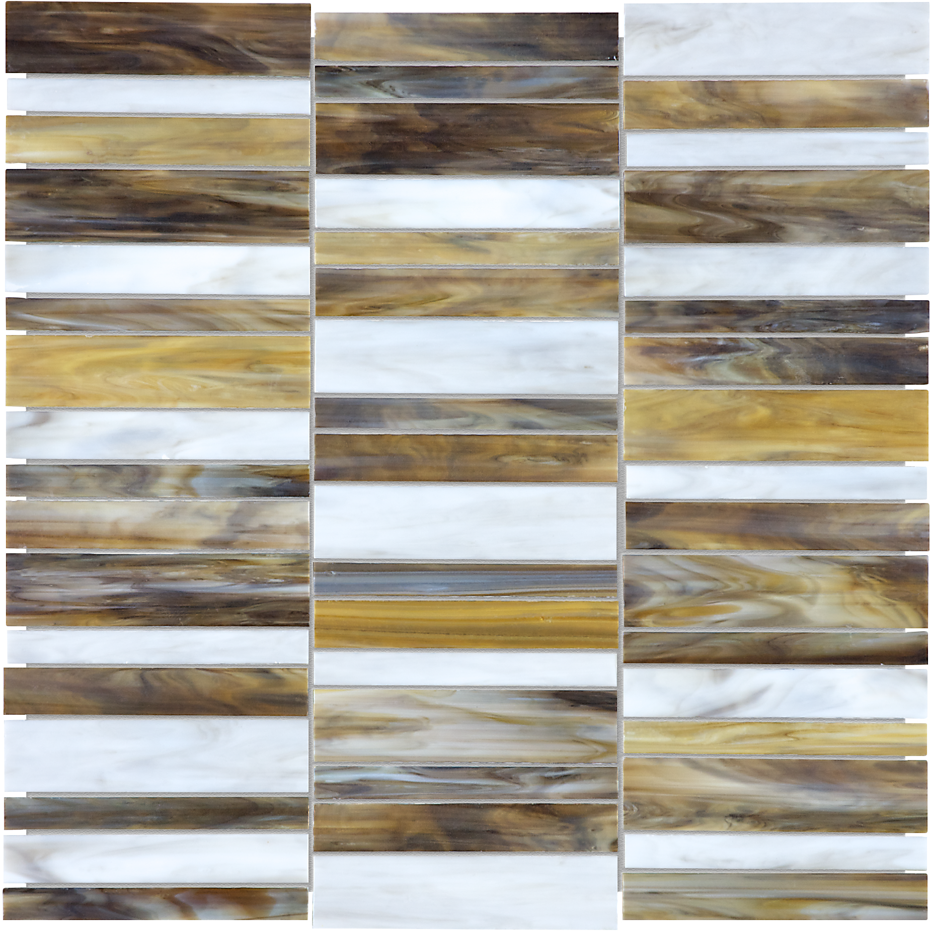 peperino random width stack pattern fused glass mosaic from baroque anatolia collection distributed by surface group international glossy finish rounded edge mesh shape