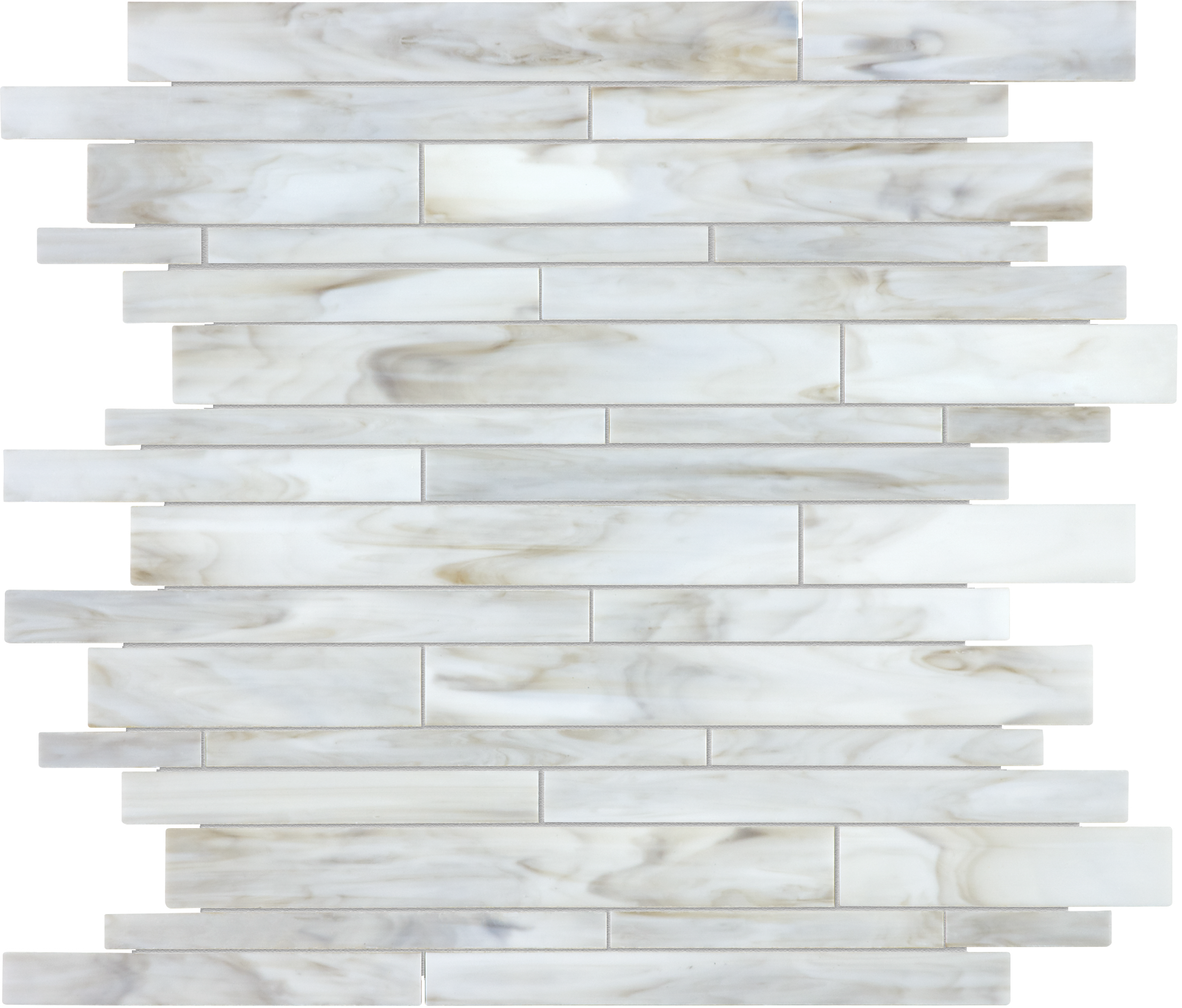 calacatta random strip pattern fused glass mosaic from baroque anatolia collection distributed by surface group international glossy finish rounded edge mesh shape