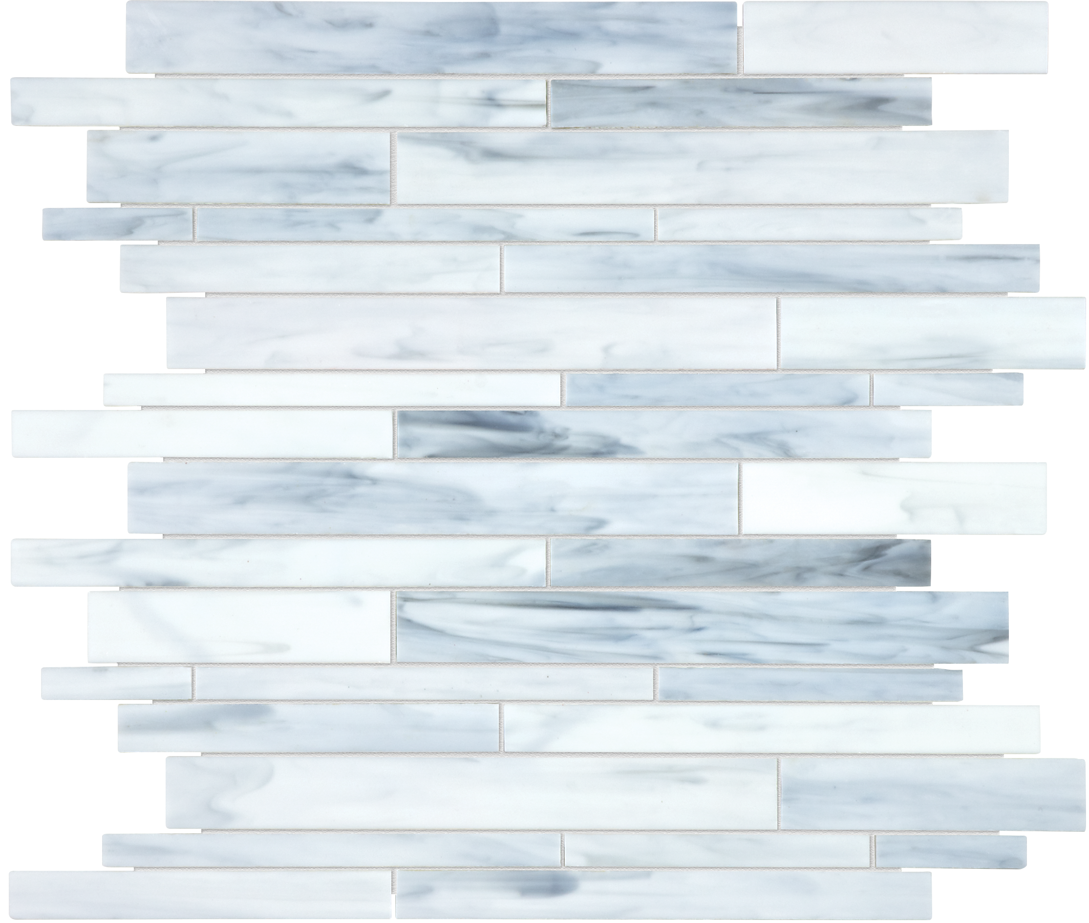 carrara random strip pattern fused glass mosaic from baroque anatolia collection distributed by surface group international glossy finish rounded edge mesh shape