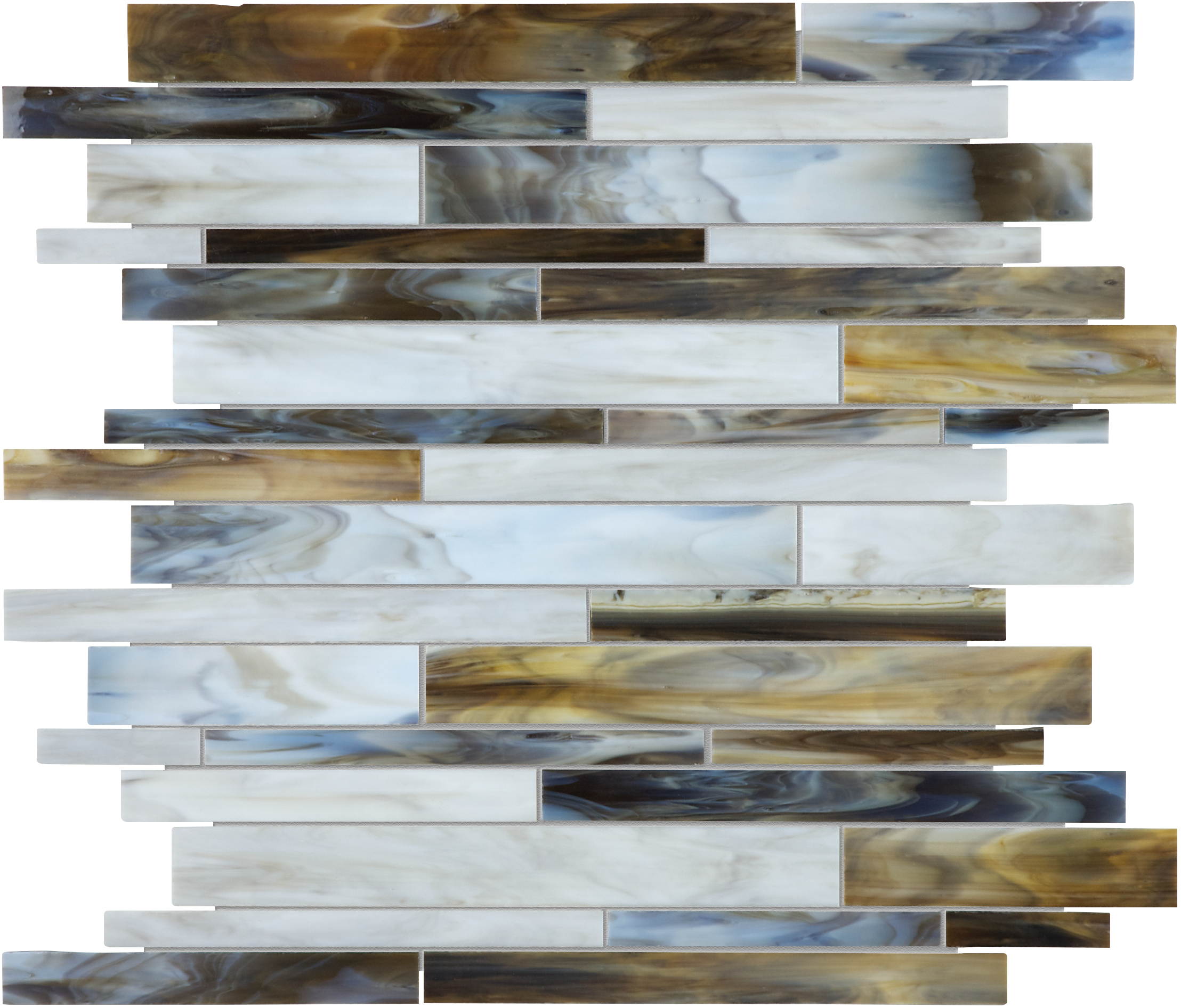 corallo random strip pattern fused glass mosaic from baroque anatolia collection distributed by surface group international glossy finish rounded edge mesh shape