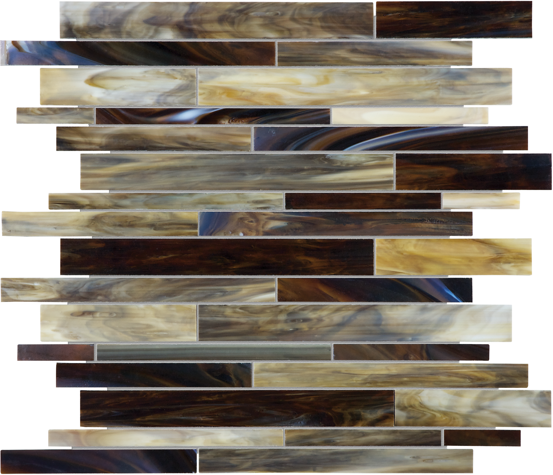 paradiso random strip pattern fused glass mosaic from baroque anatolia collection distributed by surface group international glossy finish rounded edge mesh shape