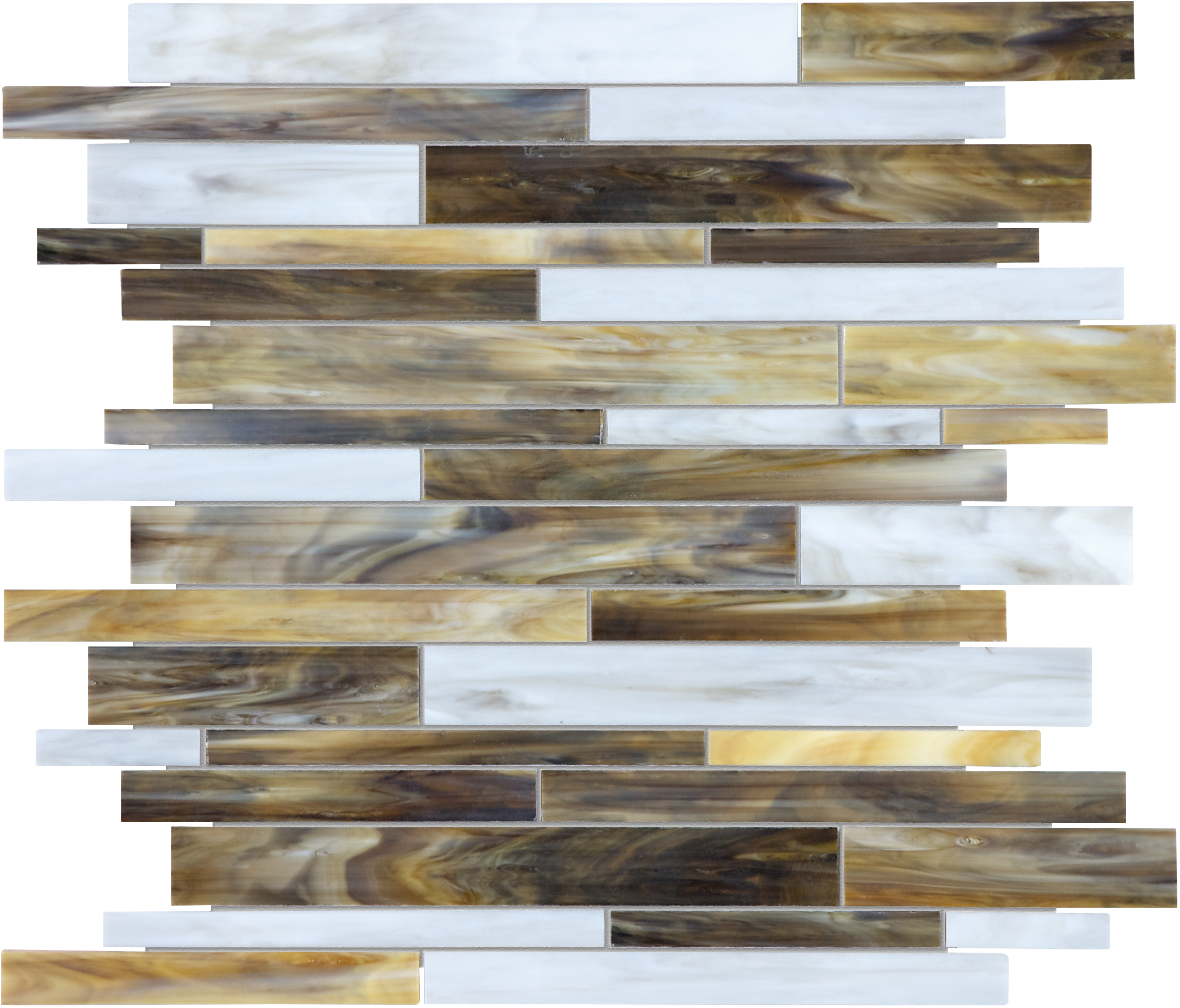 peperino random strip pattern fused glass mosaic from baroque anatolia collection distributed by surface group international glossy finish rounded edge mesh shape