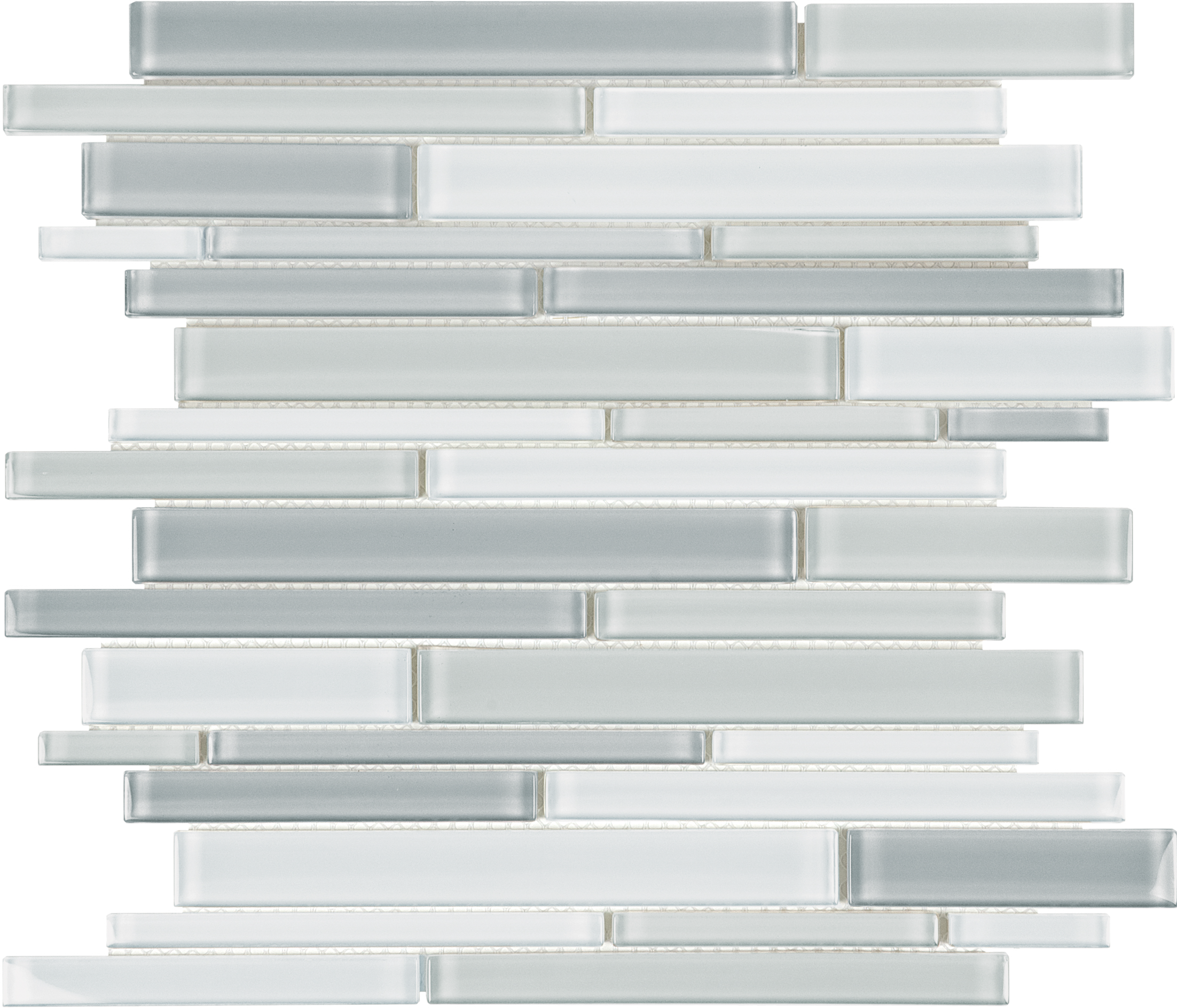 shades of grey random strip pattern fused glass mosaic glass blend from element anatolia collection distributed by surface group international glossy finish rounded edge mesh shape