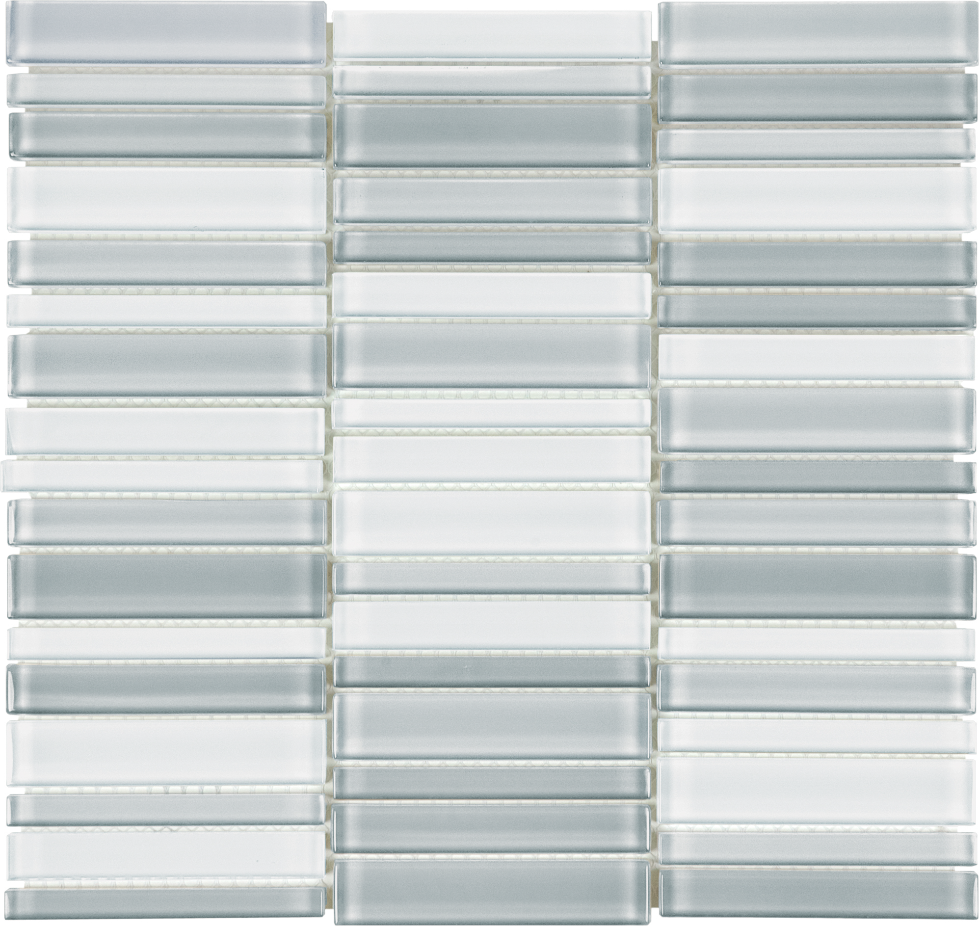 shades of grey random width stack pattern fused glass mosaic glass blend from element anatolia collection distributed by surface group international glossy finish rounded edge mesh shape