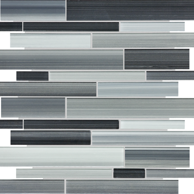 carbon random strip pattern fused glass mosaic from fusion anatolia collection distributed by surface group international glossy finish rounded edge mesh shape
