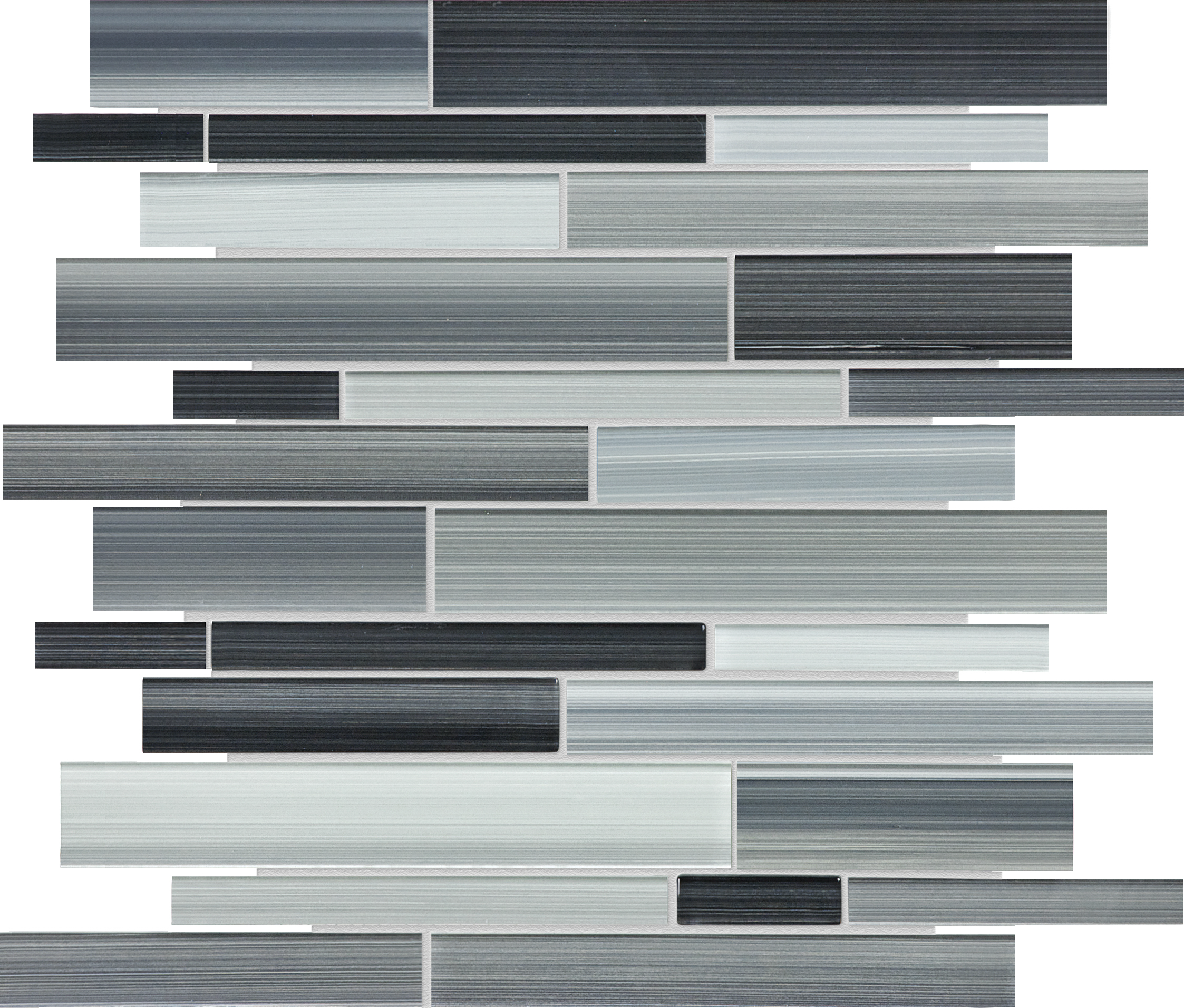 carbon random strip pattern fused glass mosaic from fusion anatolia collection distributed by surface group international glossy finish rounded edge mesh shape