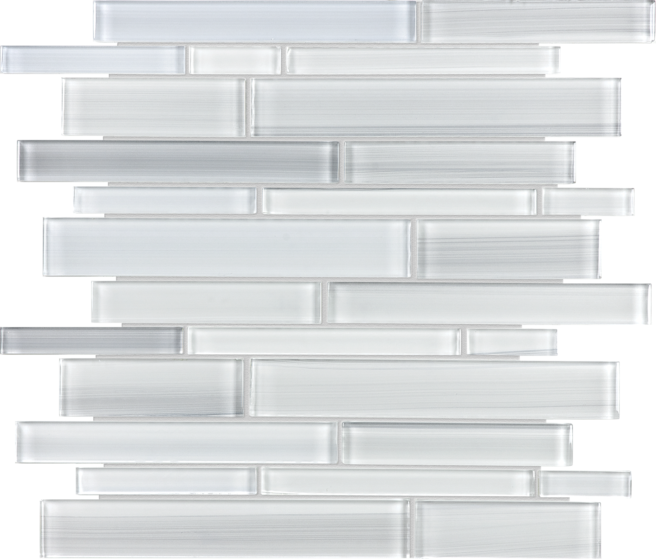 ice random strip pattern fused glass mosaic from fusion anatolia collection distributed by surface group international glossy finish rounded edge mesh shape