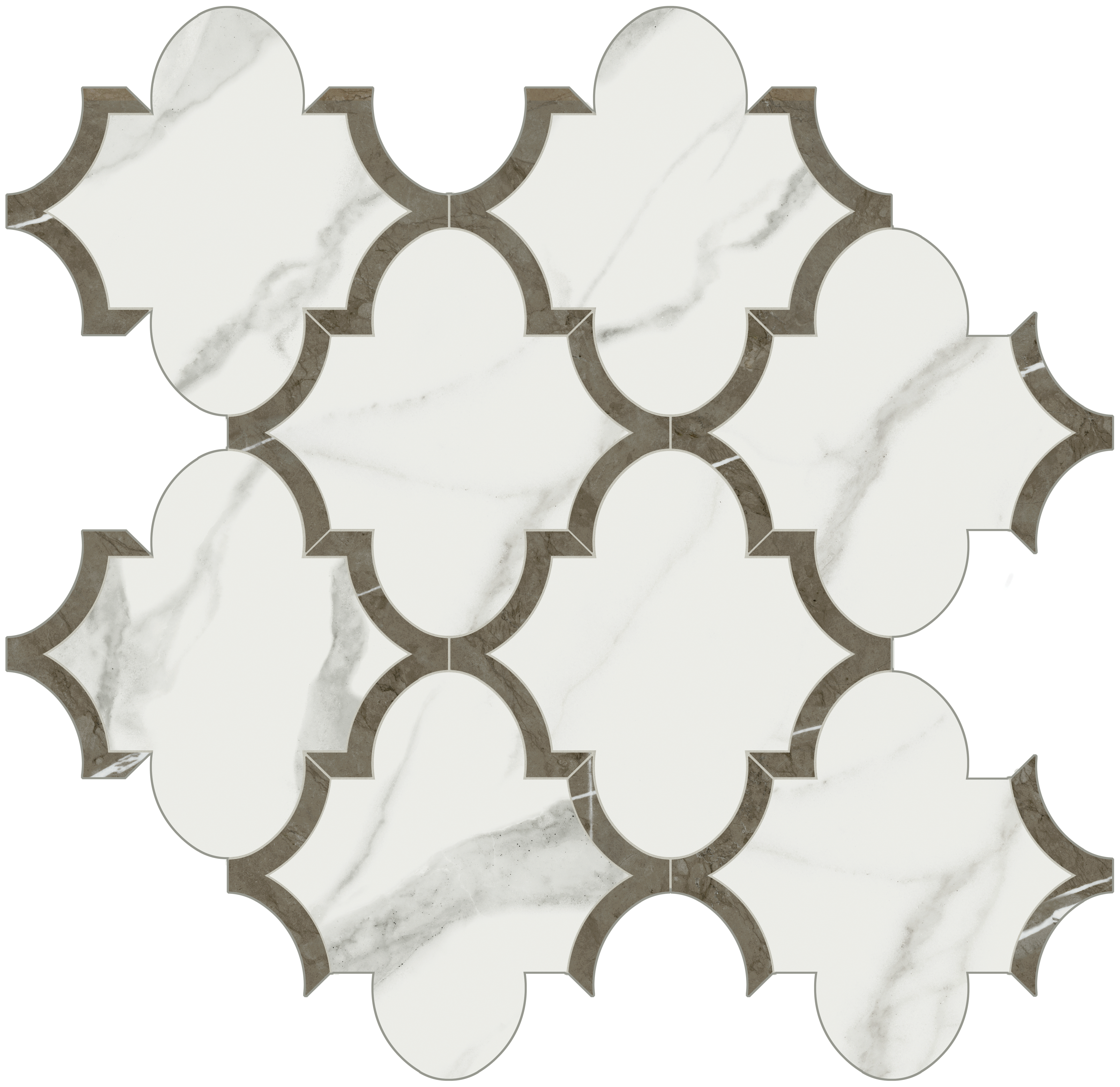 statuario venato arabesque pattern glazed porcelain mosaic from mayfair anatolia collection distributed by surface group international polished finish straight edge edge mesh shape