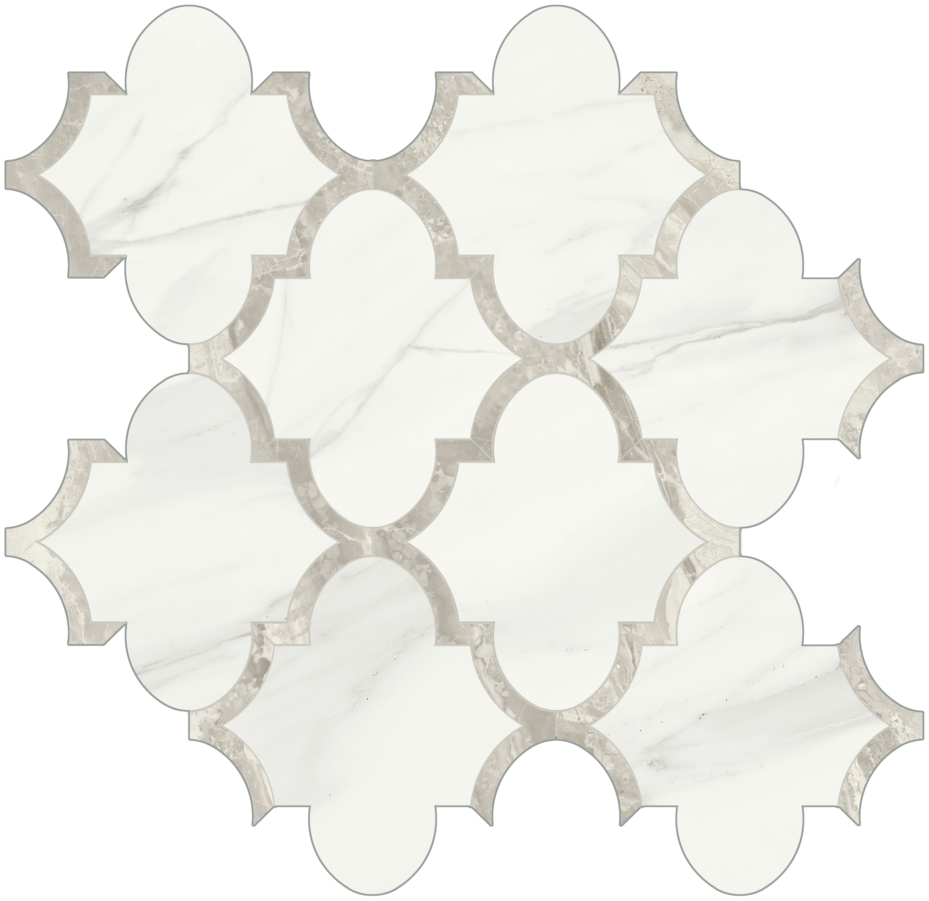 volakas grigio arabesque pattern glazed porcelain mosaic from mayfair anatolia collection distributed by surface group international polished finish straight edge edge mesh shape