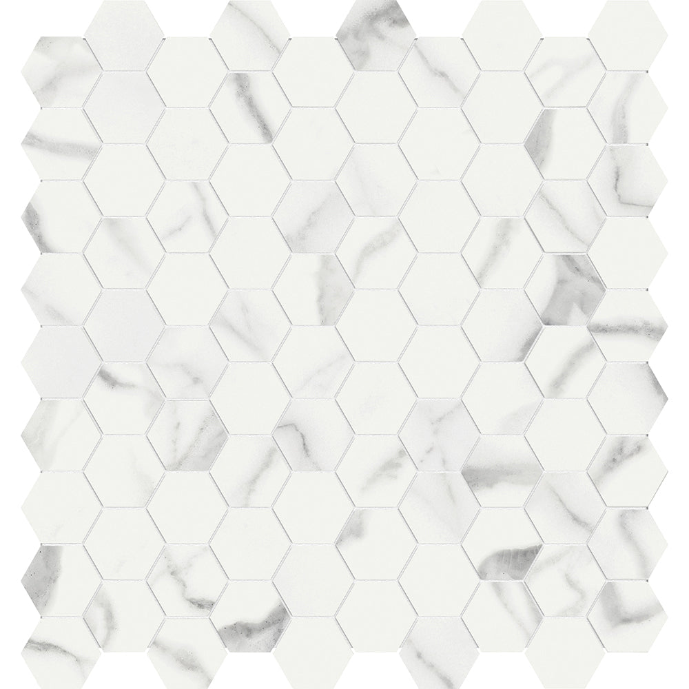 statuario venato hexagon 1&25-inch pattern glazed porcelain mosaic from mayfair anatolia collection distributed by surface group international polished finish straight edge edge mesh shape