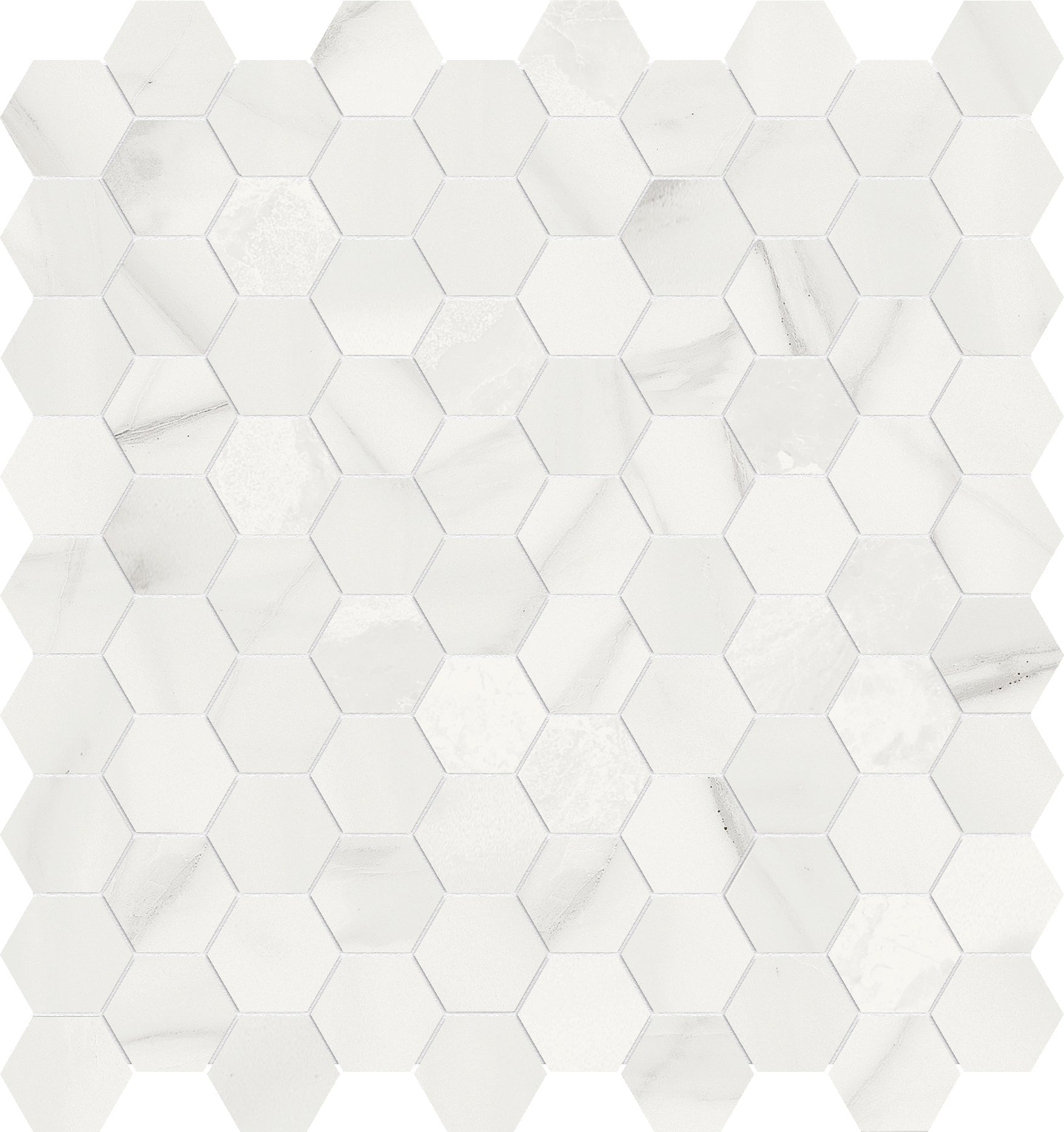 volakas grigio hexagon 1&25-inch pattern glazed porcelain mosaic from mayfair anatolia collection distributed by surface group international polished finish straight edge edge mesh shape
